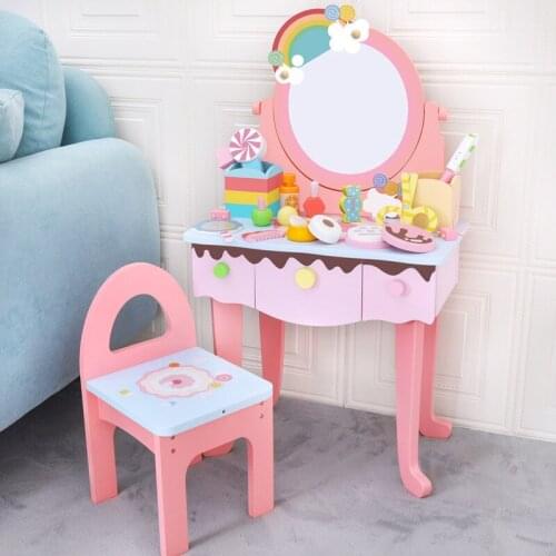 NEW Pink Dressing Table Wooden Rainbow Dressing Table Simulation Lipstick Nail Polish Girl Makeup Toy Set Creative Birthday Gift