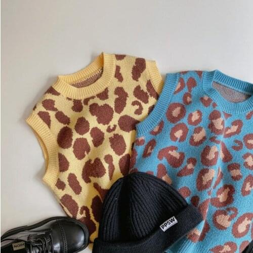 Autumn Winter Leopard Print Girls Boys Knitted Sleeveless Sweaters Loose Kids Knitting Pullover Waistcoats Casual Girls Vest Top