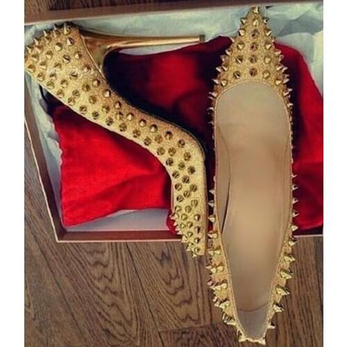 Luxury Gold Glitter Rivets High Heel Pumps Pointed Toe Thin Heels Spikes Women Wedding Shoes Bride Slip-on Celebrating Shoes