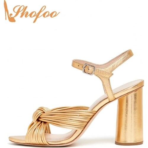 Gold Women Sandals High Round Heels Open Toe Ankel Strap Large Size 13 16 Ladies Summer Fashion Narrow Band 2021 Shoes Shofoo
