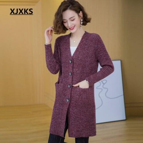 XJXKS Women long coat 2020 autumn winter new fashion V-neck high-quality cashmere knitted sweater women cardigan