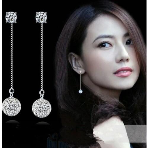TJP Trendy 925 Sterling Silver Drop Earrings For Girl Bride Wedding Jewelry Fashion Girl Crystal Ball Long Earring Accessories