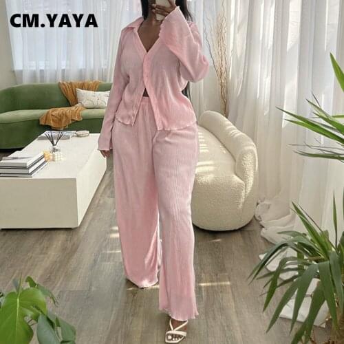 CM.YAYA Women Two 2 Piece Set Basic Long Sleeve Blouse Tops and Straight Pants Homewear Matching Set Outfit Tracksuit Sweatsuit