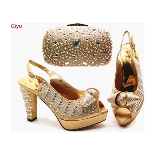 Doershow Shoes and Bag Set African Sets 2019 gold Color Italian Shoe Bag Set Decorated with Rhinestone High Quality!SGX1-14