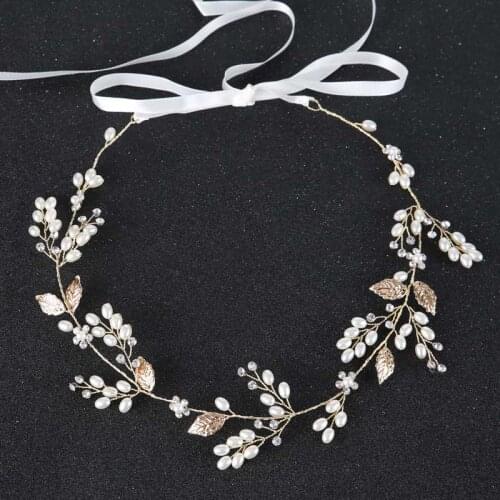 FORSEVEN Fashion Jewelry Gold Color Leaf Bridal Wedding Hair Ornaments Bling Rhinestones Hairpins Pearl Headdress