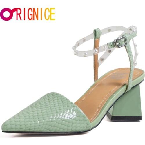 Orignice Latest Cow Leather Pearl Studded Ankle Strap Block Heel Sandals Pointed Toe Buckle Sexy Slingback Party Dress Shoes