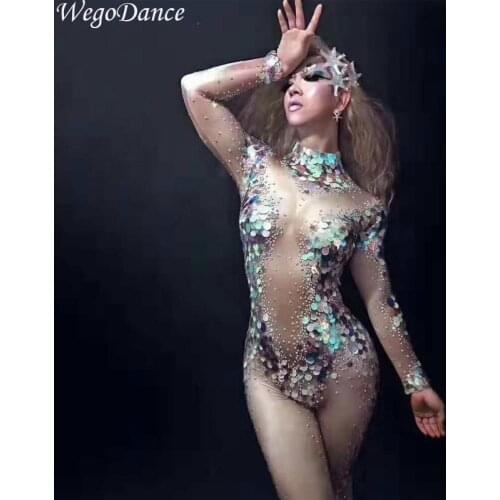 New Big Sequins Bodysuit Sexy Leggings Crystals Jumpsuit Party Costume Stage Performance Rhinestones Big Stretch Rompers woman