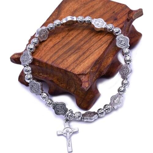 Religious Saint Benedict Beads Ancient Silver Color Crucifix Jesus Cross Bracelet Christ Icon Prayer Rosary Bracelets Jewelry