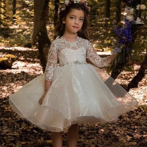 Luxurious Knee-Length Flower Girls Dresses 3/4 Sleeves Lace Applique Beaded belt Organza Puffy Princess Girls Pageant Dresses