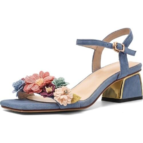 Fashion Sweet Flowers Women Sandals Suede Leather Summer Shoes Woman Square Toe Medium Heels Elegant Party Beach Shoes Female