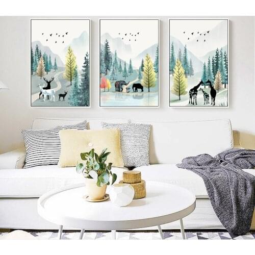 Modern Simple Poster Nordic Nature Watercolor Landscape Canvas Painting Animals Wall Art Picture for Living Room Home Decora