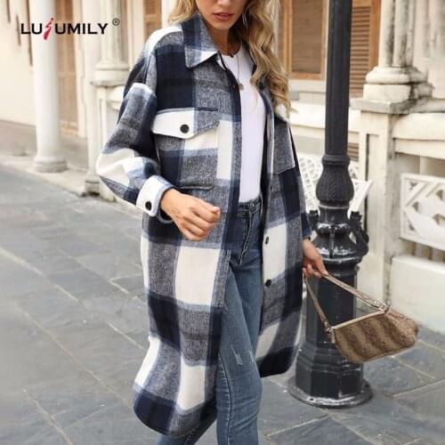 Lusumily Green Plaid Long Coat Women Jacket Female Casual Long Plaid Shirt Vintage Plaid Pattern Woolen Coat Girl Outwear Tops