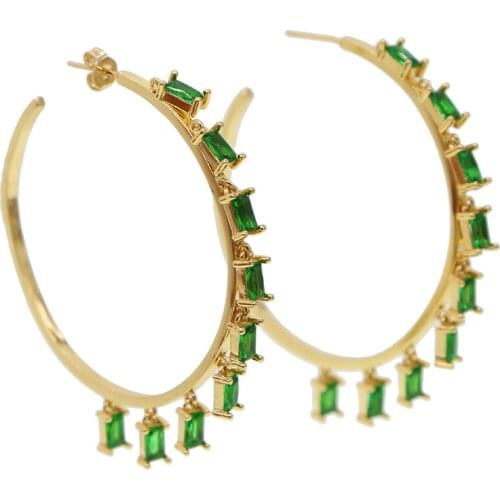 Gold filled 2019 summer new Circle Hoops rainbow green cz trendy earring baguette cz charm 48mm Gorgeous fashion women earring
