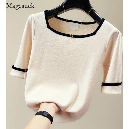 Spring Summer Short Sleeve Knitted Woman Tshirts Square Collar Solid T-Shirt Female Korean Thin Loose Shirt Tops Fashion 13405