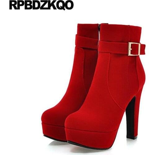 Custom Metal Platform Round Toe Sexy Women Ankle Boots 2016 Booties Shoes Red Chunky High Heel Suede Autumn Ladies Fashion