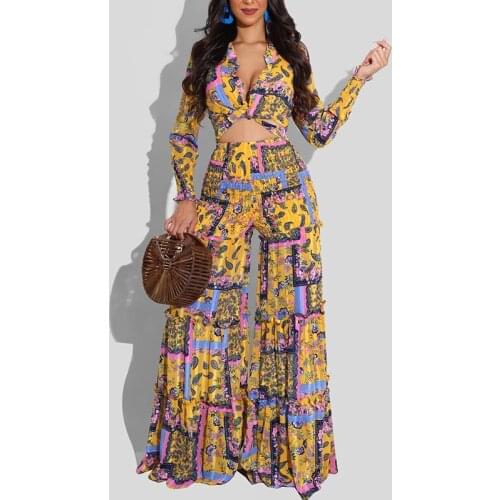 Women Two Piece Deep V-Neck Tie Print Ruffles Long Sleeve Tie Front Blouse Shirt & High-Waist Loose Wide Leg Pants Set