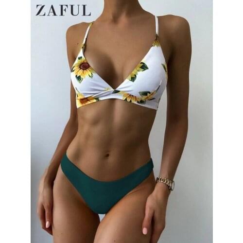 ZAFUL Sunflower Print Lace-Up Crisscross Bikini Set High Cut Sexy Swimsuit Floral Summer Swimwear Women Padded Bathing Suit 2021