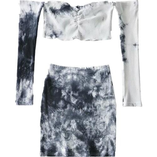 European and American style sexy tie-dye suit female 2021 summer one-shoulder short tight-fitting slim top + hip skirt two-piece