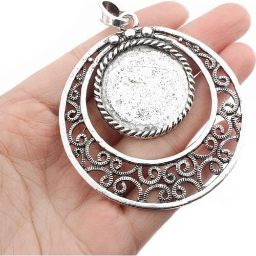 2PCS Large DIY Jewelry Findings Boho Hollow Round Charm Pendant Fit 30mm Blank Cameo Cabochon Base Setting