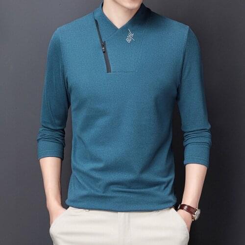 2021 Spring New Men Double-sided Velvet T-shirt Oblique Zipper V-neck Long Sleeve Bottoming Shirt Male Brushed Straight Pullover