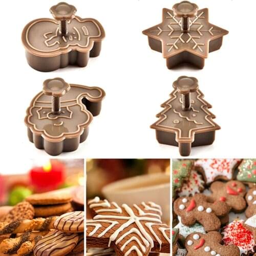 4Pcs DIY Christmas Tree Snowman Plastic Baking Mold Cookie Cutter Pastry Plunger Kitchen Biscuit Fondant Cake Decorating Tools