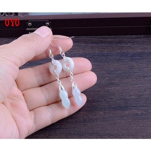 925 sterling silver long tassel jade gourd earrings