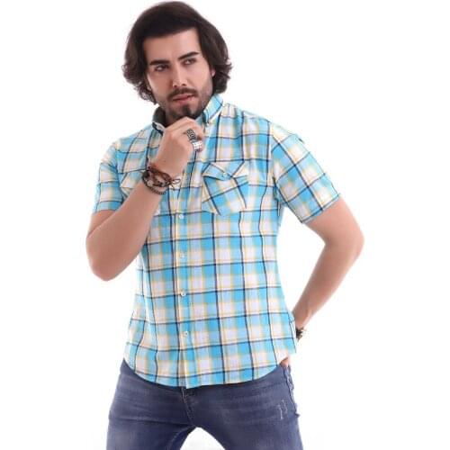 ALTEGRO % 100 COTTON SHORT SLEEVE DOUBLE POCKET COVER PLAID MEN 'S SHIRT (LIGHT GREEN)