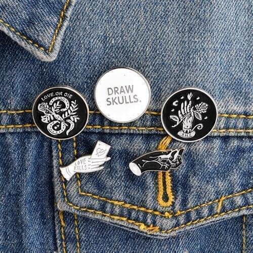 Love or die Love kills Draw skulls Witch hand Punk pins Enamel Pin Badge Lapel Pin Black White Golden Hard Enamel Jewelry