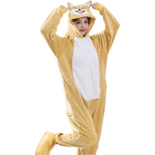 Flannel Akita Dog Onesie For Women Animal Pajamas Shiba inu Onesies For Adults Cartoon Cosplay Costume New Year Party Funny Suit
