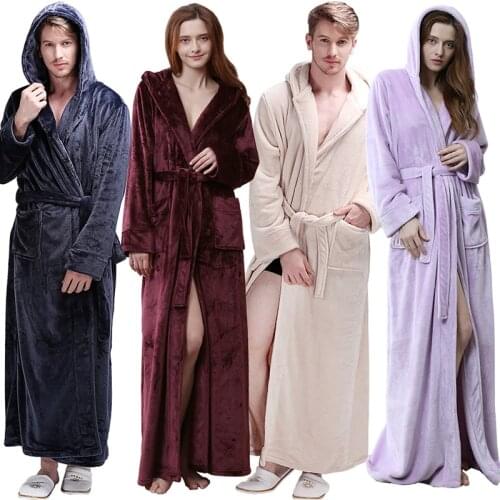 Women Men Winter Hooded Extra Long Thick Warm Flannel Bath Robe Luxury Thermal Bathrobe Soft Silk Dressing Gown Bridesmaid Robes