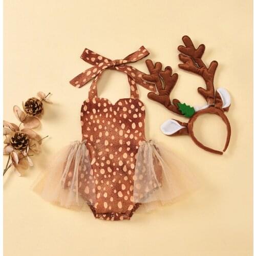 Newborn Baby Girl’s Cartoon Deer Pattern Jumpsuits Fashion Halter Bandage Backless One-piece Shorts and Antler Headband Bodysuit