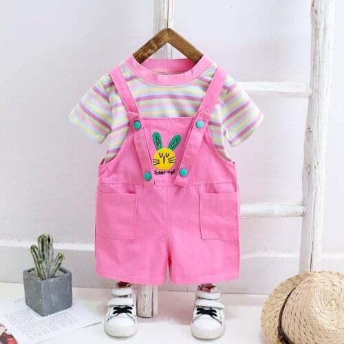 Summer Toddler Baby Girls Clothes Set Striped Print T-shirt Bib Short Overall Children Clothing Short Sleeve Suit Outfit