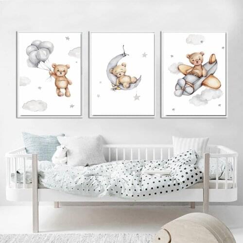 Cartoon wall picture bear moon balloon animal canvas painting kindergarten children poster art print nordic baby home decoration