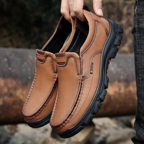 Mens Genuine Leather Shoes 38-47 Head Leather Soft Anti-slip Rubber Loafers Shoes Man Casual Real Leather Shoes d42
