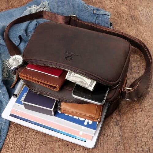 HUMERPAUL 100% Crazy Horse Leather Mens Crossbody Bags Vintage High Quality Male Shoulder Bag Capacity Men Messenger Bags 2020