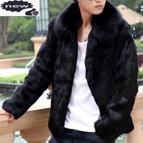 Men Rabbit Short Coat Fox Fur Collar Shearling 2021 Slim Business Jacket Top Brand Long Sleeve Zip Winter Black Outwear 4XL