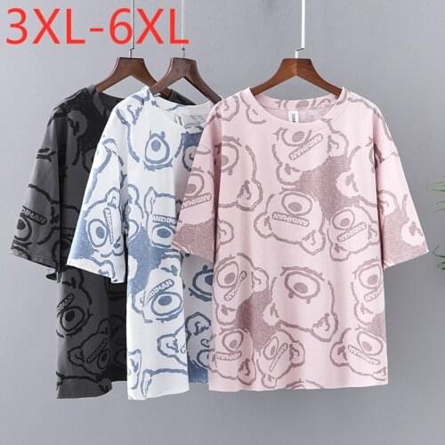 New 2021 Ladies Summer Plus Size Tops For Women Large Short Sleeve Loose Cotton Pink Print Cartoon O-neck T-Shirt 4XL 5XL 6XL