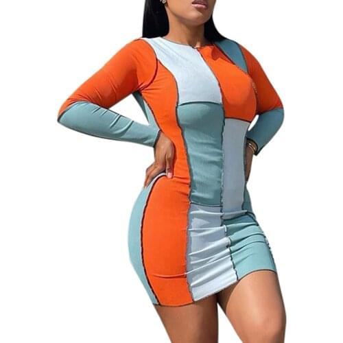 Autumn Women Long Sleeve Patchwork Dress Ladies Slim Short Dress Brown Blue Orange
