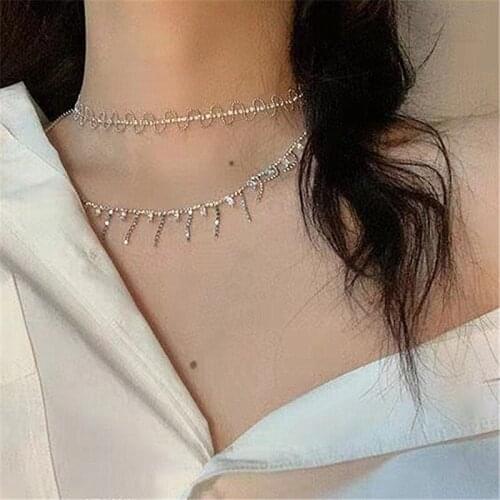 Origin Summer Temperament Bling Bling Wave Rhinestone Chokers Necklace for Women Girls Exquisite Tassel Necklace Jewellery
