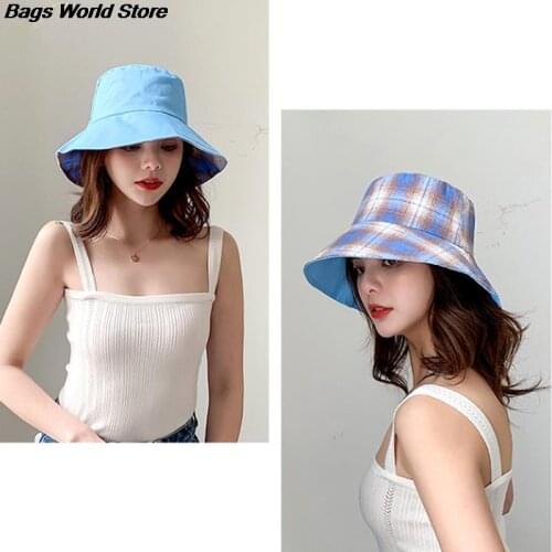New Women Outdoor Travel Hat Sun Cap Hats Korean Version Cotton Double Sided Plaid Bucket Hat Fisherman Hat