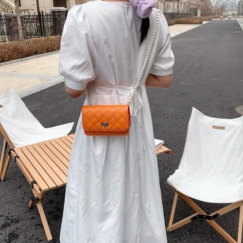 Bag for 2021 New Fashion Women PU Pearl Chain Pure Color Shoulder Messenger Bag Vintage Mini Wild Purse Lady Elegant Handbags