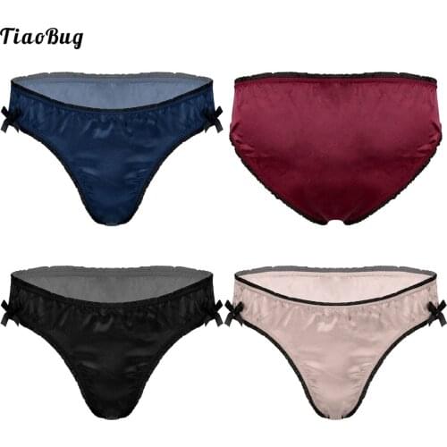 TiaoBug Men Frilly Low Waist Satin Briefs Gay Sissy Underwear Nightwear Bowknot Decor Elastic Waistband Underpants Panties