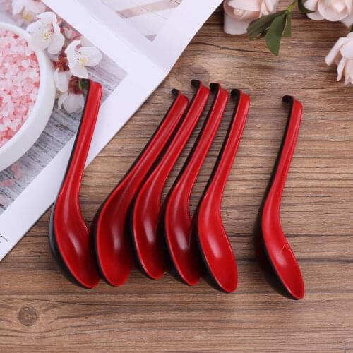 US Stock 6Pcs Soup Spoons Plastic Melamine Japanese Ramen Noodles Spoon Long Handle Rice Soup Scoops Non Stick Spoons Flatware