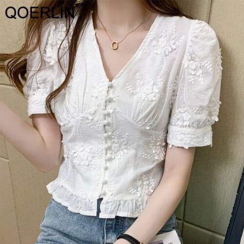 QOERLIN Pearl Button White Shirt Girl Plus Size 2021 Summer New Retro Short V-neck Puff Sleeve Lace Shirt Women Embroidered Tops