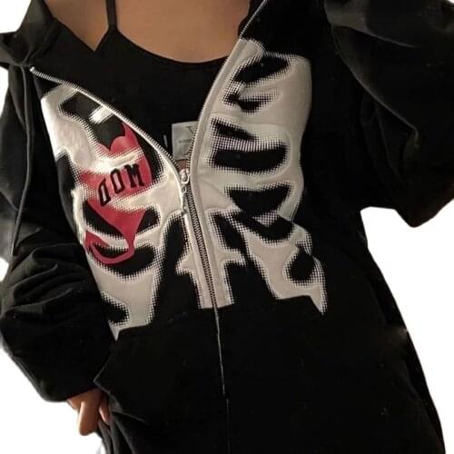 Stylish Bone Pattern Zipper Up jacket Streetwear Oversized Hoodie Hooded Sweatshirt Women Long Sleeve Casual Harajuku Outwear