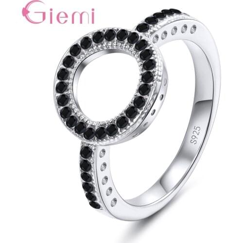 Hollow Round Ring face 925 Sterling Silver CZ Black White RhinestonesEngrave Heart Gift Ring for Female Jewelry