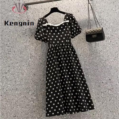 Oversize Black Dress Womens Dress 2021 Summer French Style Ladies Dresses Big Bow Print Floral Robe Dress Female Clothing KE902