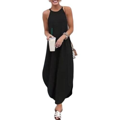 Women Dress Summer 2021 Casual Sleeveless Halter Solid Beach Long Dress Round Neck Sling Fashion Beach Clothes