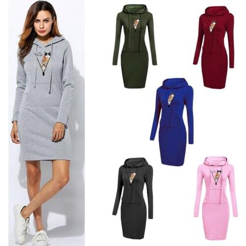 Spring Autumn Women Hoodies Dress Zipper Cat Printing Casual Middle-Length Sweatshirt Dresses Female Long Sleeve Pullover