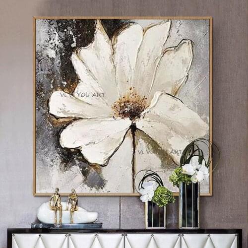 100% White Flowers Abstract Oil Painting Modern Hand-painted Wall Art Living Room Picture Home Decoration Painting No Framed